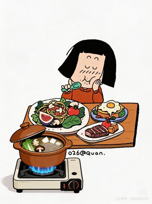 按照当前插画画风，绘制一个炉灶，炉灶上放着正在煮的砂锅，砂锅里有鹌鹑蛋、萝卜、香菇、白菜、魔芋面预览效果