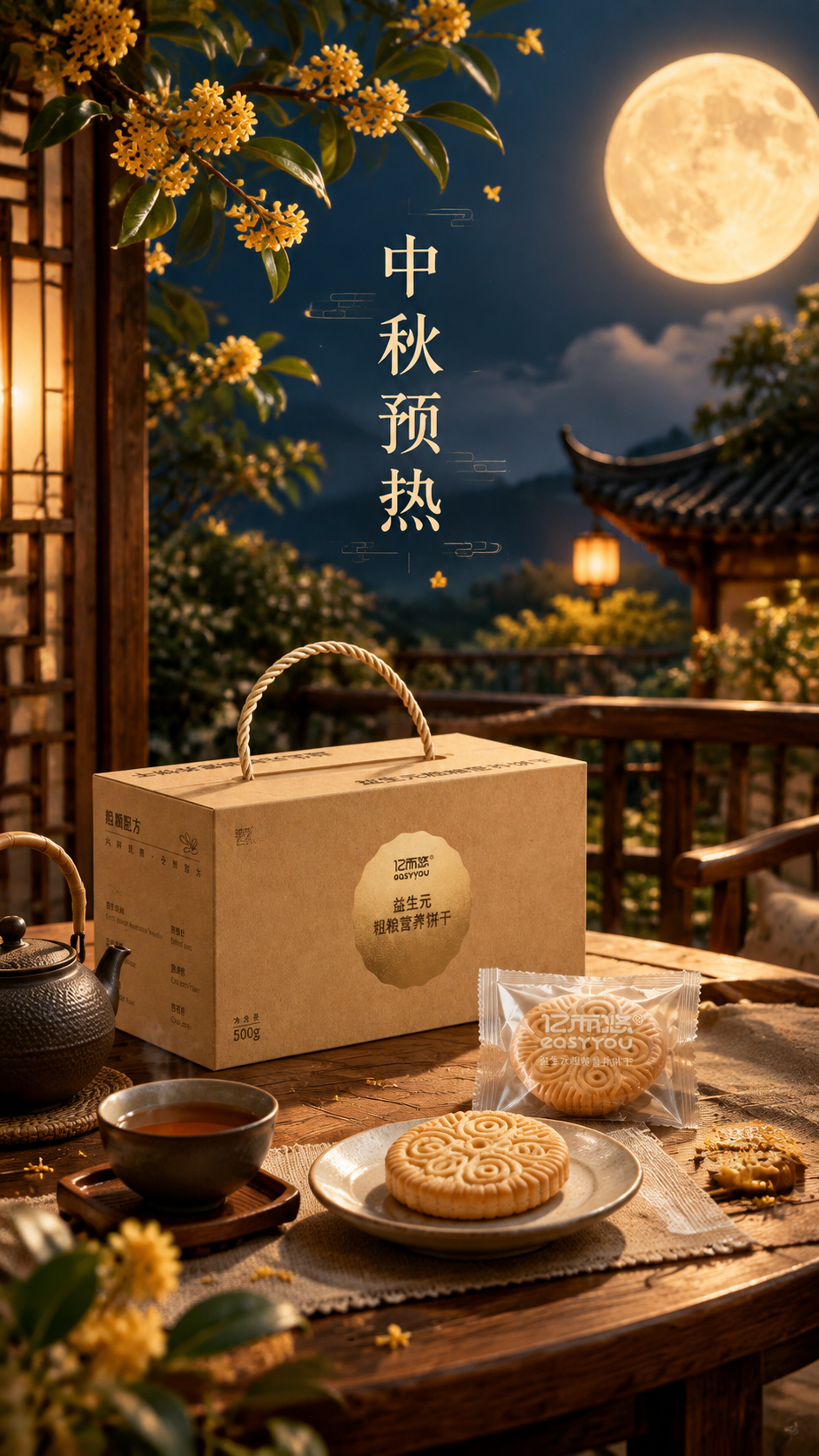 中秋节前预热海报，场景化，新中式国风，夜晚的中式庭院露台，木质… - 图片创意预览