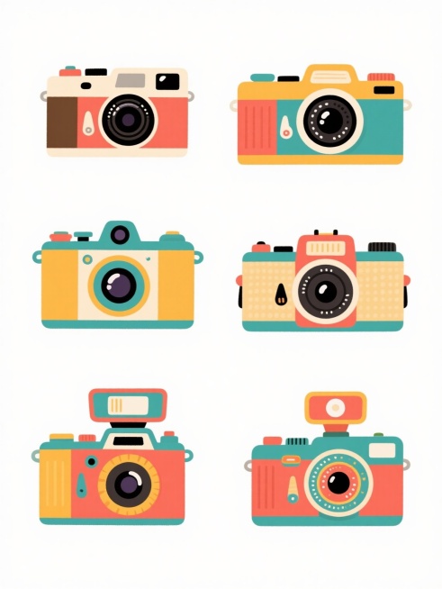 六个不同造型的复古相机系列插画，保持原插画的卡通风格、白色背景、规整排布，每个相机都有独特的色彩搭配和形态设计，包括不同的机身形状、镜头样式、颜色组合和细节装饰，整体呈现出统一又多样的视觉效果，适合作为系列素材集合使用。预览效果