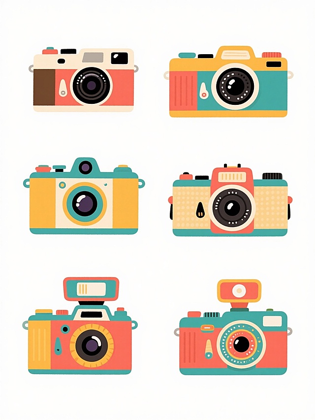 六个不同造型的复古相机系列插画，保持原插画的卡通风格、白色背景、规整排布，每个相机都有独特的色彩搭配和形态设计，包括不同的机身形状、镜头样式、颜色组合和细节装饰，整体呈现出统一又多样的视觉效果，适合作为系列素材集合使用。