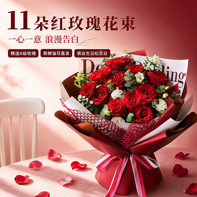 [主图-1] 红玫瑰花束淘宝天猫首图，主题为浪漫告白深情氛围，突出花束高级质感与浪漫送礼价值。
[统一基调] 整体风格浪漫高级有氛围感，背景主色为酒红色渐变到浅粉，标题字色为酒红色，辅助字色为深粉色，强调色为正红色，字体样式为优雅衬线粗体，字号层级分明，卡片样式为圆角酒红半透明底，整体干净浪漫不杂乱。
[画面] 红玫瑰花束主体位于画面中央偏右位置，占画面约65%，花束外观与输入图完全一致：11朵饱满红玫瑰、白色洋桔梗点缀、尤加利绿叶搭配、酒红色包装纸、红色网纱装饰、红白丝带蝴蝶结、花束整体饱满精致。背景为酒红色柔和渐变到浅粉色，桌面上散落几片玫瑰花瓣，左侧隐约可见白色椅子靠背，营造温馨浪漫的告白氛围。花束下方有自然柔和的接触阴影，不悬浮。
[光影质感] 商业摄影质感，柔和暖光从左上方照射，玫瑰花瓣有丝绒般光泽，包装纸有自然褶皱与质感，整体光影温暖浪漫，阴影柔和不生硬。
[配色] 主背景酒红渐变浅粉，标题酒红色，辅助文字深粉色，强调色正红色，花束本身的红绿色调与背景和谐统一，浪漫高级。
[文字版式] 左上角区域放置主标题与卖点标签，不遮挡花束主体。顶部大标题"11朵红玫瑰花束"，酒红色优雅粗体大字；下方副标题"一心一意 浪漫告白"，深粉色中号字；再下方三个圆角小标签横向排列，分别写"精选A级玫瑰""新鲜当日直发""表白生日纪念日"，酒红底白字。文字全部横排，清晰可读，放在负空间。
[输出要求] 比例1:1，文字清晰无错字，花束主体清晰不变形，画面浪漫高级，无水印无平台Logo，无杂乱元素，无多余手指或人物。