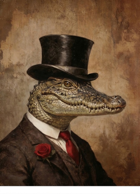 替换鳄鱼头部为另一只不同的鳄鱼，保留原来的绅士着装：黑色高礼帽、深棕色西装、白色衬衫、红色领带、胸侧红玫瑰，保持复古油画肖像风格不变，做旧棕褐色墙面背景不变，构图和整体色调不变预览效果