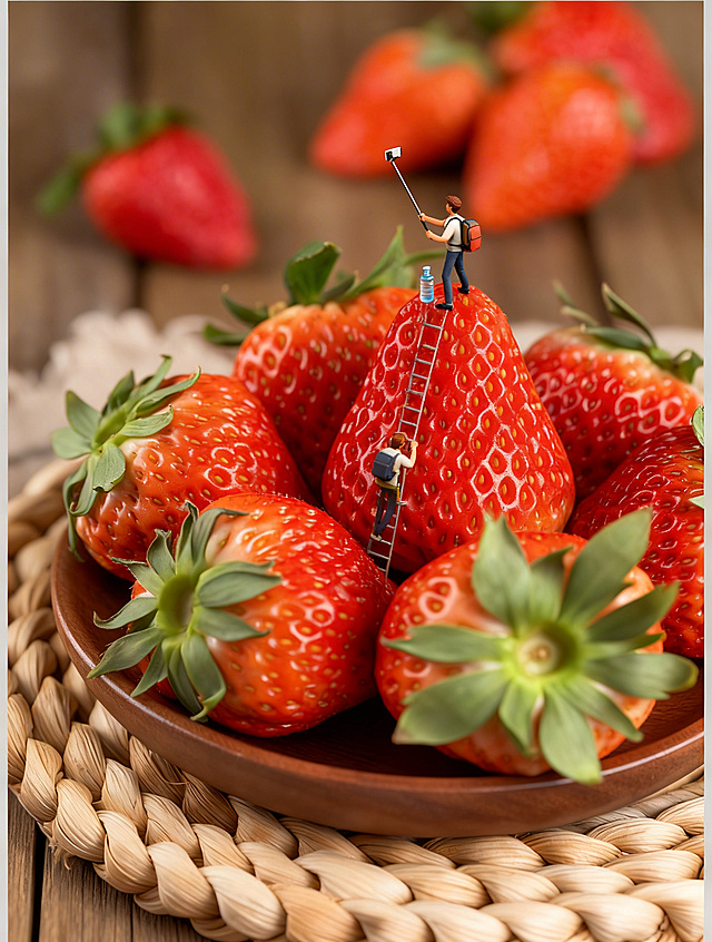 微缩艺术风融合超现实主义，迷你人物攀爬草莓自拍，拼贴式构图强化趣味感与实景质感，呈现夏日清新节日氛围。
