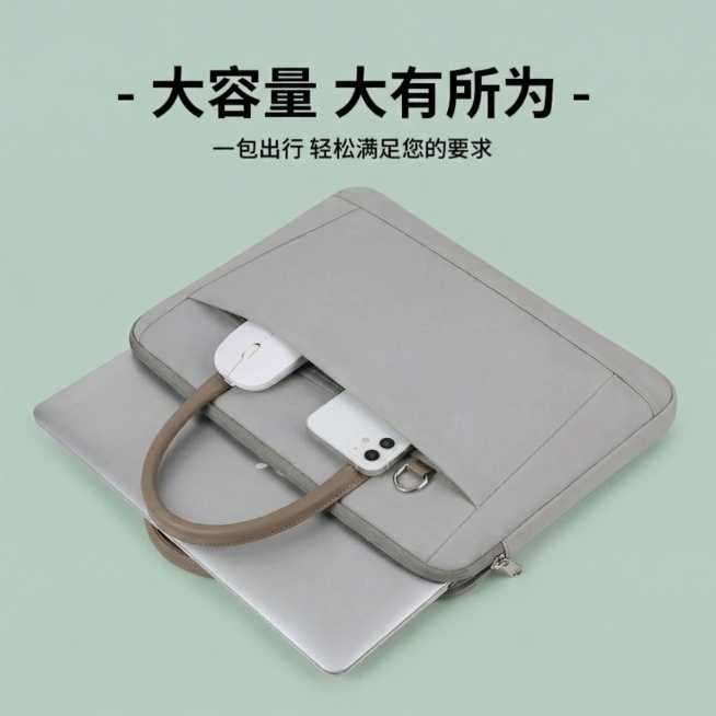 将图中的浅绿色电脑包替换为图2的灰色电脑包，保持原有背景、文字、笔记本电脑、鼠标、手机的位置和样式不变，融合自然协调预览效果