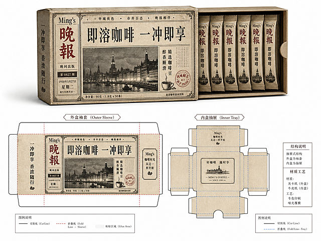 以下是六款 Ming’s/铭氏 咖啡纸盒包装的中文提示词，全部采用老上海复古报纸风格，构图均为上半部分立体展示图、下半部分平面刀版展开图，纯白背景。

1. 挂耳咖啡纸盒（翻盖盒）——“ Ming’s日报”
上半部分： Ming’s 咖啡挂耳滤泡包翻盖纸盒，以 3/4 侧面视角立体呈现。盒盖向上翻开 45 度，内侧印有铅字排版的手冲步骤说明。盒面完整复刻老上海《 Ming’s 日报》版面：泛黄新闻纸带有真实的纸张纤维肌理，局部模拟油墨微洇效果。报头以粗宋体大字竖排“ Ming’s日报”，下方横排“Since 2003·上海”。头条标题“手冲挂耳 沪上飘香”采用复古黑体，配竖排正文栏、石库门线刻画与白玉兰版画插图。盒内露出 3 包独立铝箔挂耳包，小包装上同样印有缩小的报纸元素。柔光棚拍，盒子底部有柔和自然投影。
下半部分：该翻盖盒的平面刀版展开图，以黑色线稿精确表现。裁切线为锐利实线，清晰划分出盒盖、前板、底板、后板、两侧防尘翼和粘口襟片。所有折叠压痕线均以高清晰度虚线（点划线）标示，防尘翼预折线与主盒体折线粗细分明。刀版图表面完整平铺《 Ming’s日报》印刷图案，版面跨越各裁片连续延展，出血区域明确。右下角附有“——折线”、“—•—齿刀线”图例小注。纯白背景，无杂物。

2. 速溶条装纸盒（抽屉盒）——“ Ming’s晚报”
上半部分：Ming’s 速溶咖啡条装抽屉式纸盒立体展示。外套筒盒面设计为老上海晚报《Ming’s晚报》风格，泛灰黄的新闻纸底色，报头纵排，头条“即溶咖啡 一冲即享”以长仿宋体印制，边框装饰源自月份牌广告的复古纹样与邮票齿孔。内盒抽屉向右拉出约三分之二，可见内部整齐排列的细长独立速溶粉条包，条包上印有竖排晚报版头图样。套筒表面呈现哑光质感与轻微纸盒擦痕，投影柔和。
下半部分：抽屉盒完整平面刀版展开图，分别呈现外盒套筒和內盒托盘两部分裁片。外盒套筒展平显示其粘接口和折叠线，內盒托盘则展示底板、四面侧壁折边及前沿弧形指孔。所有裁切轮廓为实线，折叠线用清晰虚线表示，套筒折叠线与內盒折边线以不同线长区分。刀版上平铺印刷统一的晚报版式，图案精确对应各成型面。白色背景，结构分明。

3. 冷萃浸泡袋纸盒（开窗盒）——“Ming’s文艺”
上半部分：Ming’s冷萃咖啡浸泡袋开窗纸盒立体渲染图。盒盖向上翻开，露出盒面的大型透明窗口，可直接看到内部银色冷萃浸泡袋。盒面设计为老上海报纸《Ming’s文艺》副刊风格：泛黄纸张上刊有关于咖啡文化的竖排随笔，配有一幅线条细腻的白玉兰木刻版画插图，版头“Ming’s文艺”以隶书变体设计，油墨呈深咖啡色，散发文雅怀旧气息。盒子正面反光质感显示透明窗口的轮廓，内部冷萃袋上隐约可见报纸缩印图文。
下半部分：该开窗盒的平面刀版展开图，黑色线稿。裁切实线描绘出外轮廓以及窗口的镂空切割线。所有折叠压痕线均为清晰的虚线，包括盒盖与盒身连接折线、侧板折线和底部成型折线。窗口区域留白无印刷，其余部分完整平铺《Ming’s文艺》版面，图案精准跨越各面。刀版图旁侧标注“窗口区域”和“折痕线”示意，线条对比度极高。

4. 咖啡液胶囊纸盒（托盘盒）——“Ming’s商报”
上半部分：Ming’s单颗咖啡液胶囊托盘式纸盒立体展示。盒体呈浅盘状，盒面以老上海《Ming’s 商报》经济版为灵感：泛黄纸张，报头为等线体“Ming’s商报”，刊登着竖排的“咖啡行情”与启事式广告文案“一次一颗，纯粹便捷”，配有复古股票行情表格式的装饰线框。盒内整齐排列 10 颗铝膜复合咖啡液胶囊，内衬卡纸上印有老上海电车票底纹，传达出民国时期商业印刷品质感。俯视略带角度，可看到盒子厚度和胶囊深度，光影柔和。
下半部分：托盘盒的平面刀版展开图。展示托盘底部、四边侧壁向上折起结构以及内衬分隔卡的裁切形状。裁切线为实线，折叠线均以加粗虚线表达，侧壁折角处清晰地标示了斜角折痕，内衬卡插缝也以虚线定位。平铺的《Ming’s商报》版面覆盖所有裁片，出血处理到位，确保立体成型后图文无缝衔接。白色背景，刀版结构细节一览无余。

5. 便携浓缩液袋纸盒（竖翻盖盒）——“Ming’s号外”
上半部分：Ming’s 便携浓缩咖啡液竖式翻盖纸盒立体渲染图。盒子高窄，顶部翻盖打开，露出内部带吸嘴的独立浓缩液袋。盒面设计为老上海“号外”报纸风格：泛黄新闻纸，报头大书“Ming’s 号外”，下面横排猩红色醒目大标题“浓缩咖啡随身行”，极具冲击力。版面配有石库门与白玉兰的铁版画风格黑白插图，油墨浓厚。盒体侧面印有“Since 2003”及配料表，均采用老式铅字排版。光线在纸盒边缘形成高光，体现硬挺纸卡质感。
下半部分：竖翻盖盒平面刀版展开图。外形高瘦，裁切实线刻画出顶盖、前板、后板、底部锁扣片和侧板。所有折线，包括顶盖弯折线、盒身折痕及底部成型扣折线，都用清晰虚线标示。靠近顶盖处有一圆孔挂耳结构，以实线圆表示裁切。平铺的“号外”版面完全填充各裁片，挂孔周围保留恰当空白。图面下方有图示标注“实线：裁切 / 虚线：折叠”，简洁专业。

6. 冻干粉条装纸盒（书型盒）——“Ming’s申报”
上半部分：Ming’s冻干即溶咖啡书型纸盒展示图。盒子像精装书一样打开平放，左侧封面、右侧封底，中间书脊挺拔。封面设计为老上海《申报》副刊《Ming’s申报》风格：泛黄版面印有长篇文章标题“冻干即溶：现代咖啡新法”，正文以竖排铅字分栏，配有咖啡果枝干的小型版画。内托卡纸嵌入右侧，上面固着一排独立铝箔冻干粉条包，每条包装延续申报版面的微型设计。光影突出纸盒的厚度、书脊弧度以及内托的层次感。
下半部分：书型盒的平面刀版展开图，包含完整的封面、封底、书脊和内部粘贴的内托基座轮廓。裁切线为实线，书脊两侧的压槽折叠线以双虚线（两条平行虚线）表示，精确模拟精装书脊的成型。内托的折叠舌和粘贴区域也由虚线清晰定义。所有裁片平铺着《Ming’s 申报》版面，书脊位置印有报头和期号，粘贴区域留出血。右下角有“刀版折线示意图”小标，纯白底，极致清晰。