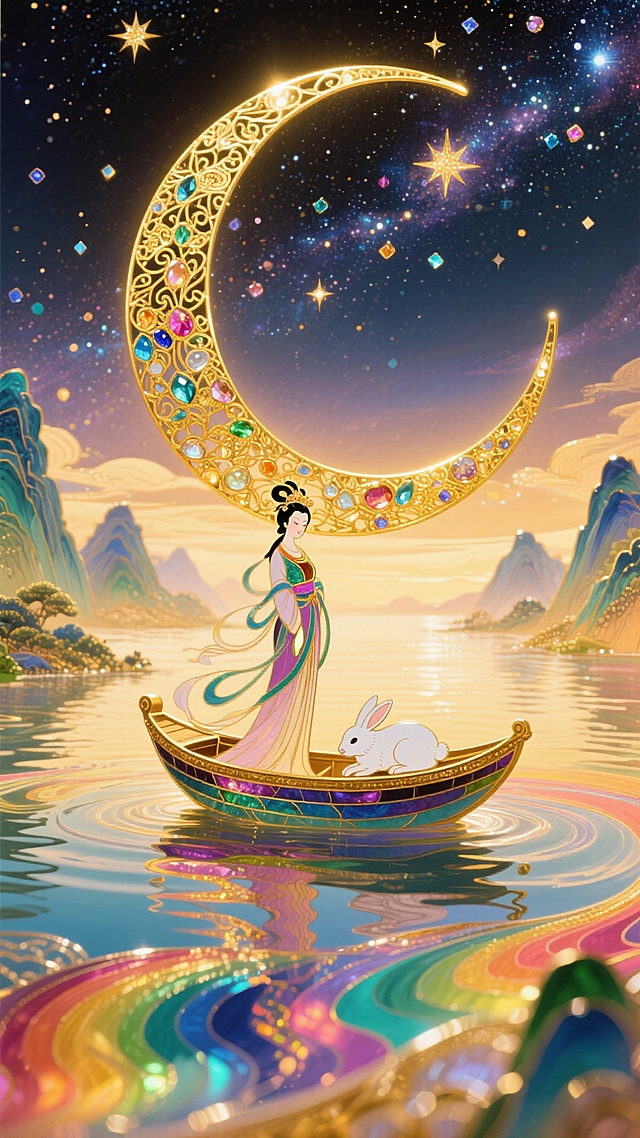 非遗珐琅工艺风格，画面上方是灿烂的宇宙星河，画面下方是五彩斑斓的江水，江水两岸是山峦，江水中间是一弯月亮船，月亮船上有仙气飘飘的嫦娥，嫦娥在整体画面的中心，玉兔在月亮船上安稳得睡着，整体是金灿灿的暖色调
