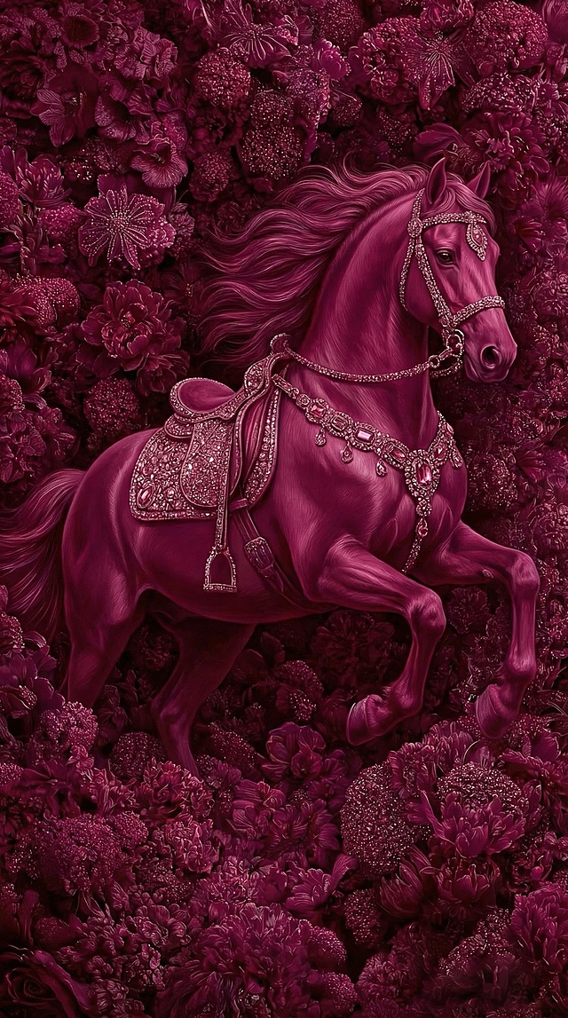 生成10张，不同的马匹的姿态，马匹要呈现出整体，被花团锦簌，