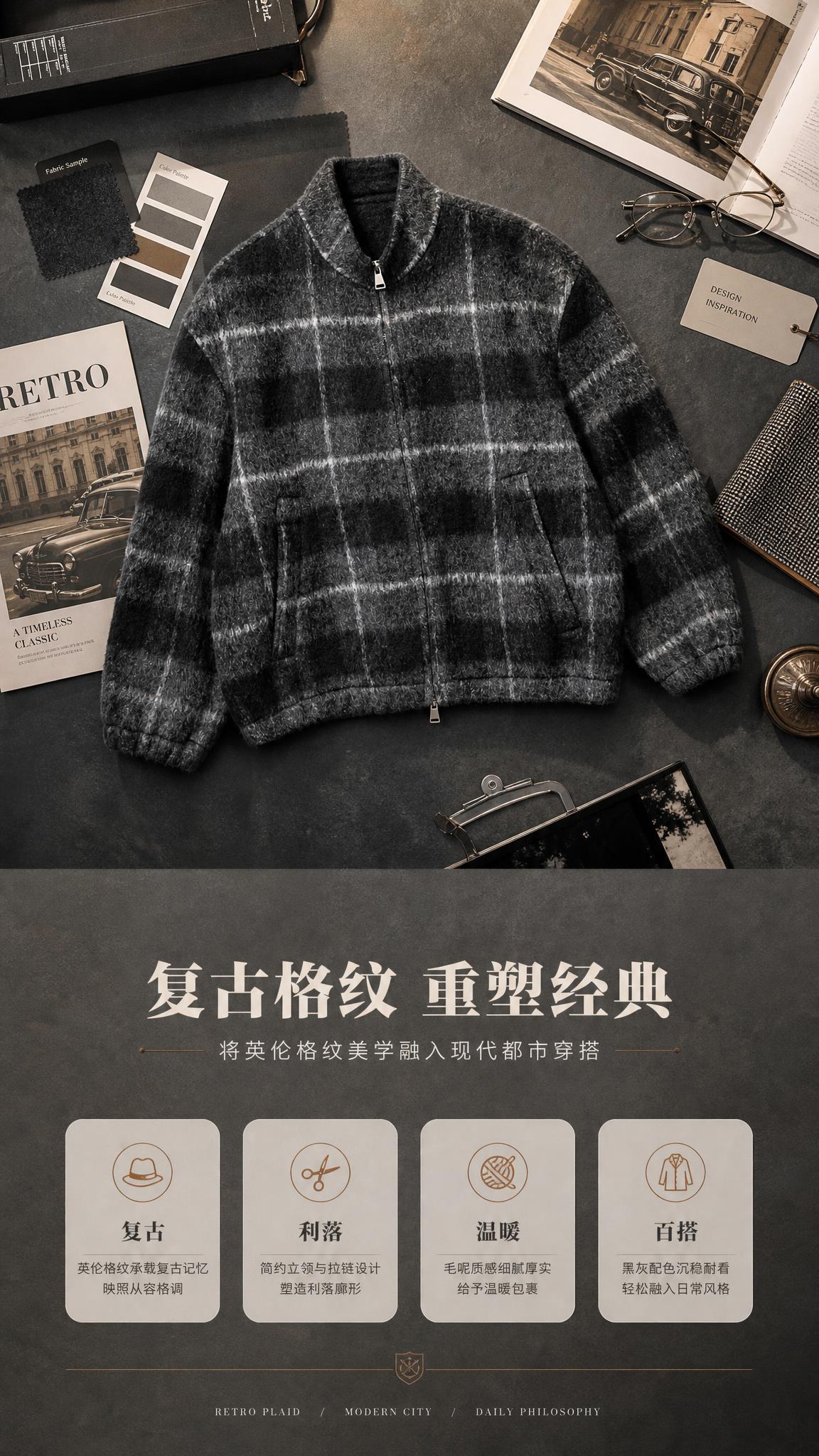 [商品] 使用【图1】黑灰格纹立领毛呢夹克外套；商品处理：保留… - 图片创意预览