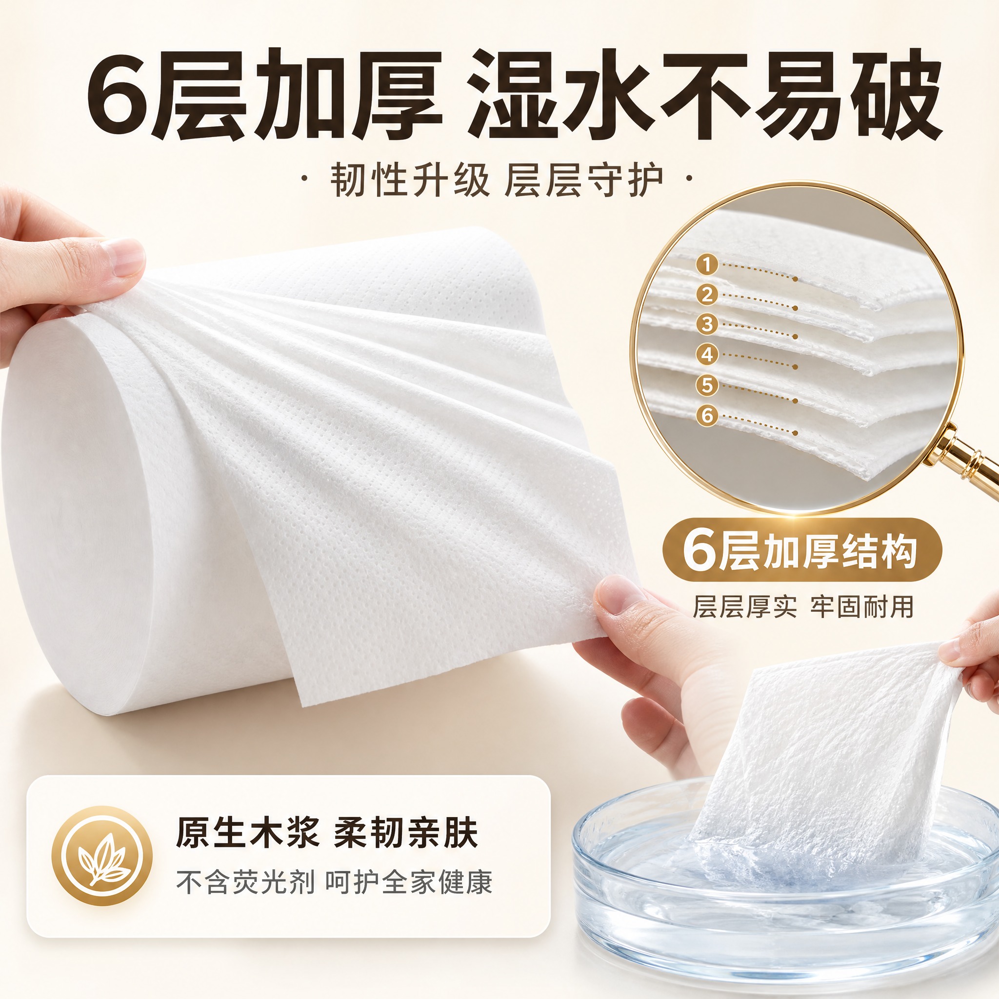 [主图-2] 柔贝佳无芯卷纸 6层加厚湿水不易破 核心效果证明… - 图片创意预览