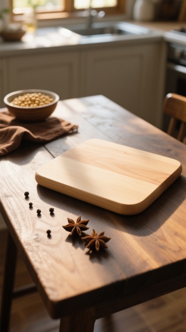 一张浅色木质砧板放置在深色木质桌面上，砧板表面木纹清晰自然，边缘光滑圆润；桌面上散落着几颗黑色胡椒粒和两个完整的八角，背景中可见一碗黄豆、棕色的布和模糊的厨房环境元素；阳光透过窗户洒入，光线柔和温暖，在砧板和桌面上形成明暗交错的光影效果，营造出舒适自然的居家氛围；整体色调以深浅木色为主，搭配暖黄色光影，呈现出高度写实的质感和细腻的光影细节，画面构图具有自然的生活气息和温馨的厨房场景感。预览效果