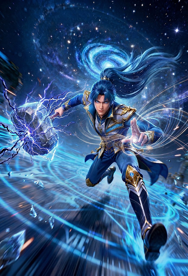蓝发唐三俯冲姿态强力冲出画面，一只手向前伸出帅气手势，手指间环绕流动光效线条与能量；另一只手置于身后紧握巨型战锤，锤身缠绕狂暴闪电与电光特效，神力四溢；发尾随风飘逸，动态自然利落；整体英气逼人、气场强大，背景为深邃星空与能量漩涡，电影级光影，超高清细节，8K级质感，大型3D游戏风格，酷炫特效，张力十足，能量感浓郁