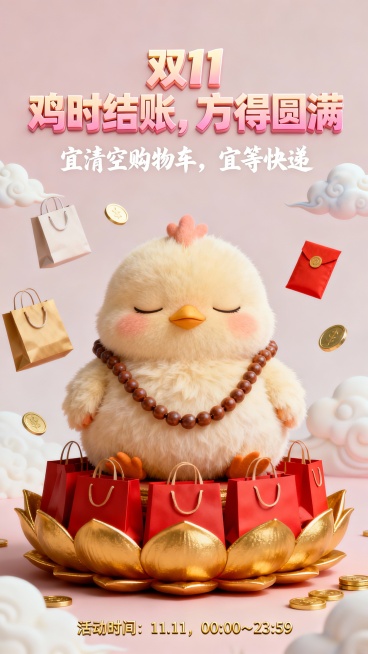 制作一张双11促销海报，主角是一只毛绒绒、胖乎乎的小鸡，闭着眼睛，脖子上挂着一串长长的念珠，安静地坐在一个红色和金色的购物袋组成的莲花座上，神情平和。整体画风融合可爱与禅意风格，色调柔和温暖，以浅粉、预览效果