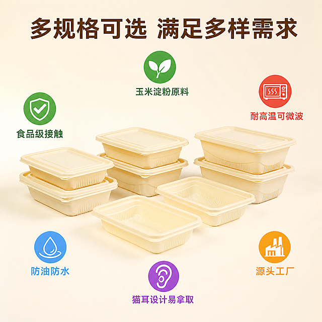 [主图-2] 可降解餐盒核心亮点展示图。
[氛围风格] 干净通透明亮的电商拼多多风格，风格与首图保持统一
[画质] 商业摄影质感、光线柔和通透、产品清晰真实、画面干净高级。
[元素] 米黄色玉米淀粉餐盒放置画面中心，周围环绕六个核心功能卖点图标。保持产品外观与输入产品图绝对一致，杜绝任何变形和色差，精细化处理。商品主体占比合理，满屏无边框。
[光影] 明亮均匀自然光，光线通透，阴影柔和，整体画面干净清爽。
[配色] 主色调浅米色，卖点图标使用不同色彩区分，对比清晰不杂乱。
[视角构图] 产品居中平视拍摄，构图均衡稳定。
[文字版式] 顶部大字主文案"多规格可选 满足多样需求"，居中显示。六个卖点环绕产品排列：「🌱 玉米淀粉原料」「✅ 食品级接触」「🔥 耐高温可微波」「💧 防油防水」「👂 猫耳设计易拿取」「🏭 源头工厂」，每个卖点配对应图标，文字清晰排版整齐。
[比例分辨率] 1:1 比例，4k 分辨率；文字清晰锐利，画面超高清。
[负向提示词] 变形，水印，文字错乱，产品图模糊，背景杂乱