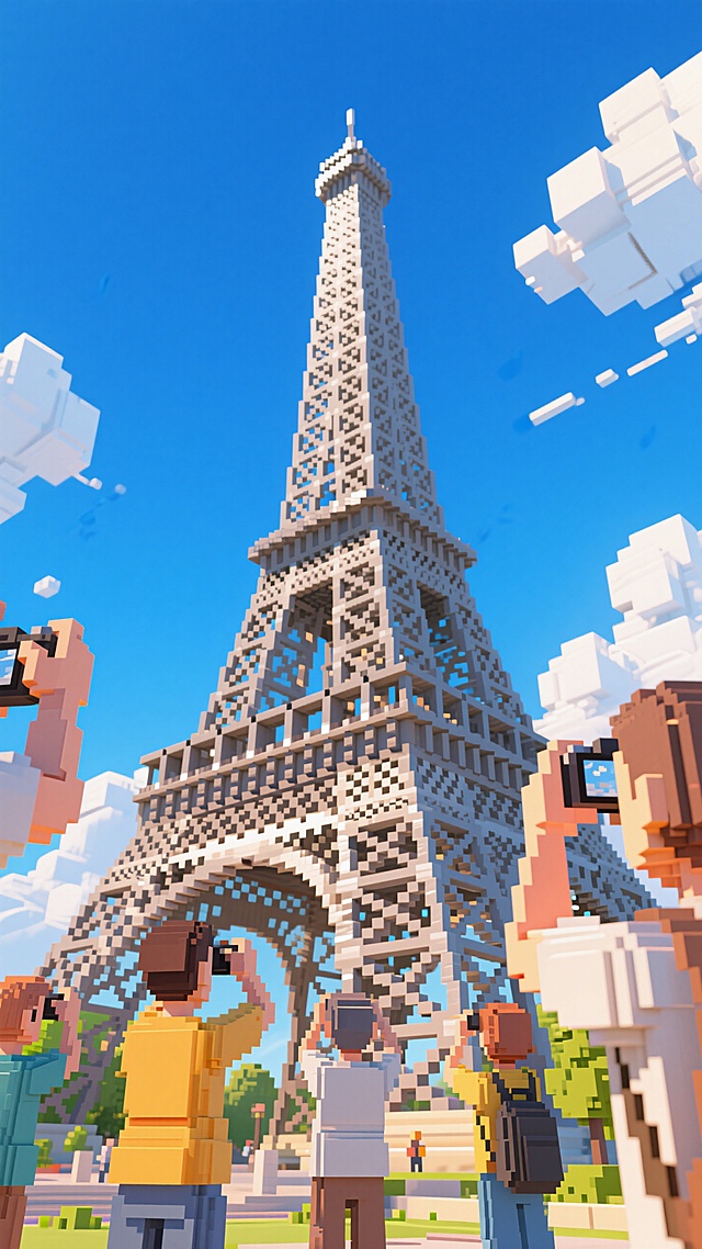 巴黎铁塔风光，蓝天白云，几个散客在拍照