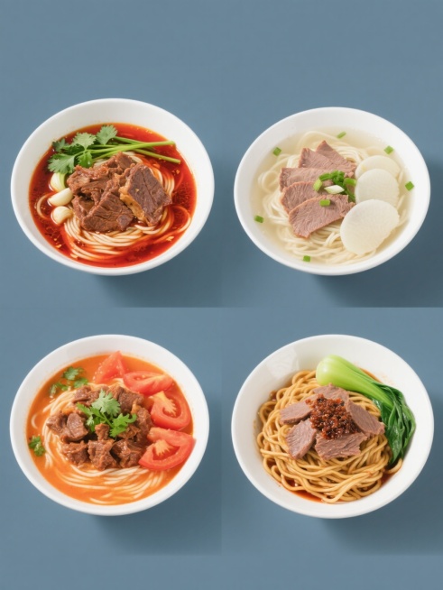 高清晰美食摄影风格，纯色背景，四宫格规整排布的牛肉面系列素材集合。每个格子中是造型完全不同的牛肉面：第一张，经典红油牛肉面，白色瓷碗，红亮汤底，大块酱牛肉，翠绿香菜和蒜苗点缀；第二张，清汤牛肉面，浅色骨汤，几片薄切牛肉，撒有葱花和白萝卜片；第三张，番茄牛肉面，橙红色汤底，牛肉块与番茄块相间，点缀绿色香菜；第四张，干拌牛肉面，没有汤汁，面条拌有酱料，顶部放牛肉片和青菜。所有牛肉面保持食材的新鲜质……预览效果
