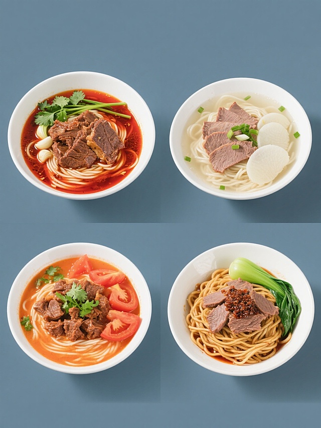 高清晰美食摄影风格，纯色背景，四宫格规整排布的牛肉面系列素材集合。每个格子中是造型完全不同的牛肉面：第一张，经典红油牛肉面，白色瓷碗，红亮汤底，大块酱牛肉，翠绿香菜和蒜苗点缀；第二张，清汤牛肉面，浅色骨汤，几片薄切牛肉，撒有葱花和白萝卜片；第三张，番茄牛肉面，橙红色汤底，牛肉块与番茄块相间，点缀绿色香菜；第四张，干拌牛肉面，没有汤汁，面条拌有酱料，顶部放牛肉片和青菜。所有牛肉面保持食材的新鲜质感，光线明亮柔和，突出食物的细节和色彩，整体风格统一，构图均衡，视觉层级清晰，信息传达高效。