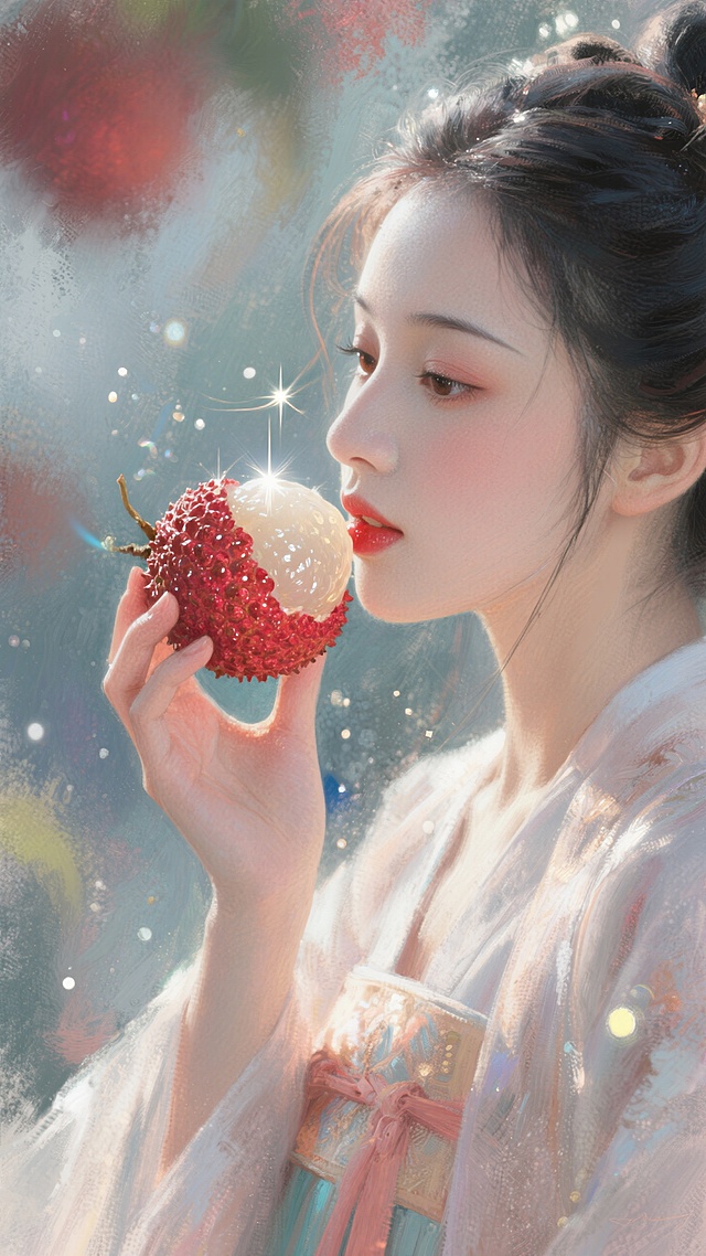 中国古代传统风格，古风身着飘逸古装，美女在吃巨大新鲜荔枝