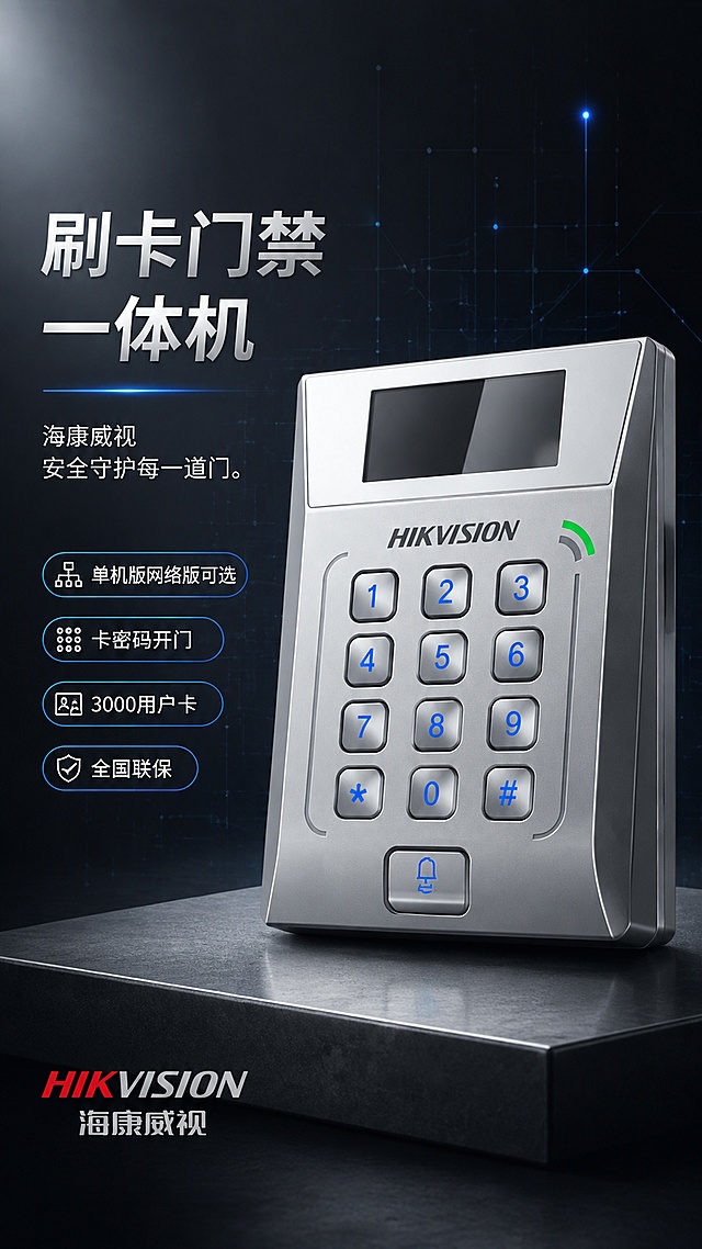 详情页头图海报，海康威视刷卡门禁一体机品牌主视觉。使用参考图中的带屏款门禁一体机作为产品主体。深色科技背景，深灰渐变，银灰金属质感，专业安防产品商业摄影风格。门禁一体机位于画面中央偏右，正面微仰视角度，占画面约55%。左侧为标题文字区域。背景有微弱科技网格线和蓝色光点装饰，底部有浅灰色台面承托产品。产品机身银灰色，蓝色数字按键，顶部黑色显示屏，HIKVISION品牌标识，右侧绿色信号指示灯，外观细节保持一致。左上方主光源打亮机身正面，右侧辅助光勾勒轮廓，底部柔和投影。全局底色深灰渐变，主色银灰金属色，辅助色科技蓝和品牌黑。左侧大标题文字：刷卡门禁一体机，海康威视 安全守护每一道门。下方四个卖点胶囊：单机版网络版可选、卡密码开门、3000用户卡、全国联保。底部左侧品牌标识HIKVISION海康威视。文字不遮挡产品主体。9:16竖版比例，4K高清画质。