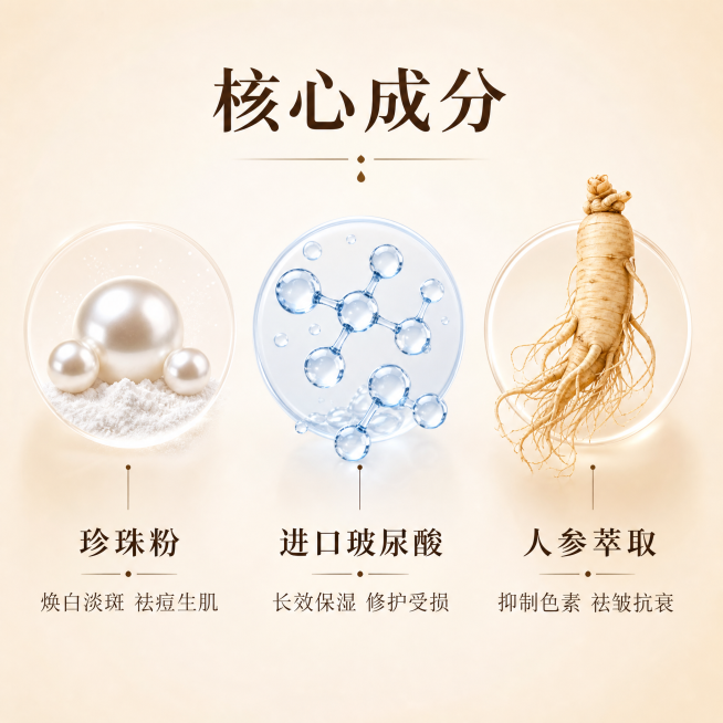[主图2-产品1：翼妆臻颜人参珍珠膏] 核心成分解析图。
[氛围风格] 简约科研风，干净专业，商业设计质感。
[画质] 画面清晰，元素突出，文字可读，整体干净高级。
[元素] 画面浅米白渐变背景，三大预览效果