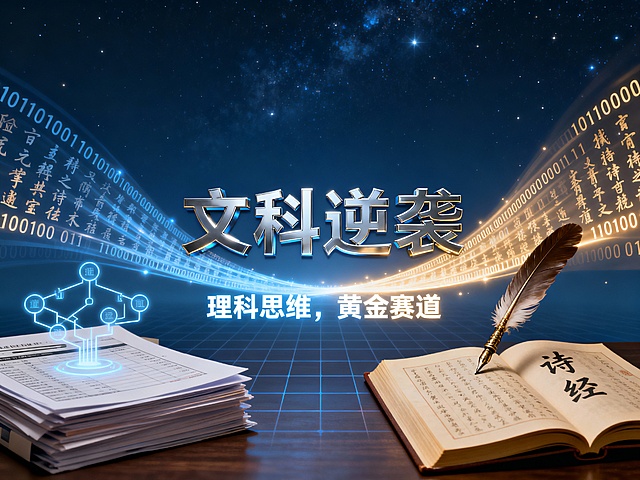 [image-一张充满理性与秩序感的极简主义工作台，左侧是一叠整齐的财务报表与发光的思维导图，右侧则是一本摊开的《诗经》与一支古典羽毛笔，两者之间被一道由流动的二进制代码与古典诗词字符交织而成的光束连接并照亮。光束中央悬浮着由冷冽金属质感构成的立体关键词：“文科逆袭”，其下方有一行较小的发光字体：“理科思维，黄金赛道”。背景是深蓝色渐变的星空，点缀着少许理性的网格线条。整体色调为冷蓝色与暖金色的对比，充满未来感与冲撞感。]