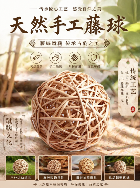天然手工藤球商品主图海报，展示藤编蹴鞠蹴球，传统手工工艺，户外道具装饰摆件，海报风格，天然原木藤编材质，质感清晰，图文并茂保留藤球产品介绍预览效果