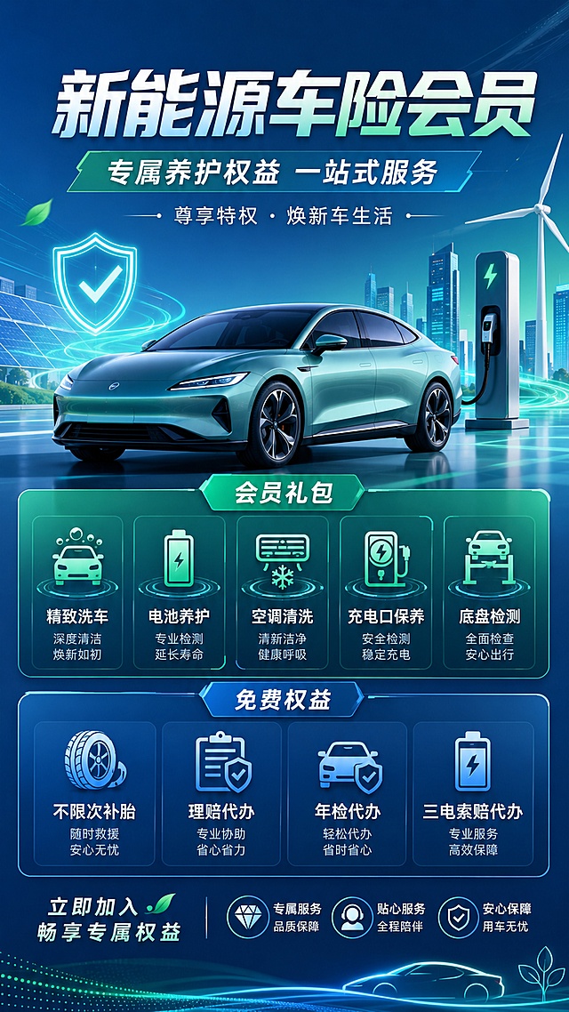 现代商业科技风格新能源车险会员招募宣传海报，9:16竖版，整体配色采用蓝绿新能源车科技色调。主标题大字清晰显示"新能源车险会员"，副标题显示"专属养护权益 一站式服务"，装饰文字显示"尊享特权 · 焕新车生活"。使用信息卡片分区清晰展示：会员礼包包含精致洗车、电池养护、空调清洗、充电口保养、底盘检测；免费权益包含不限次补胎、理赔代办、年检代办、三电索赔代办。版式精美，分区清晰，文字全部清晰可读，背景简洁科技感，使用抽象新能源元素点缀，整体干净高级商业风格，4K画质