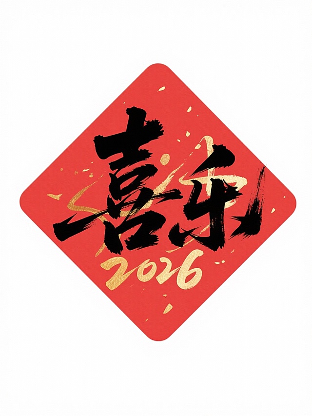 主体是红色春联，红色正菱形内部写着苍劲的黑色毛笔书法 “喜乐” 二字，点缀金色渐变的 “2026” 。纯白色背景