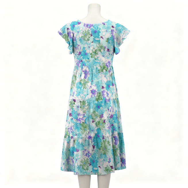 生成这件蓝绿紫色碎花连衣裙的背面版本，产品主体位于画面绝对正中心，垂直居中，水平居中，产品主体占据整个画面的 60%-80%，顶部空白区域与底部空白区域高度严格相等，背景保持#FFFFFF纯白，保留原预览效果