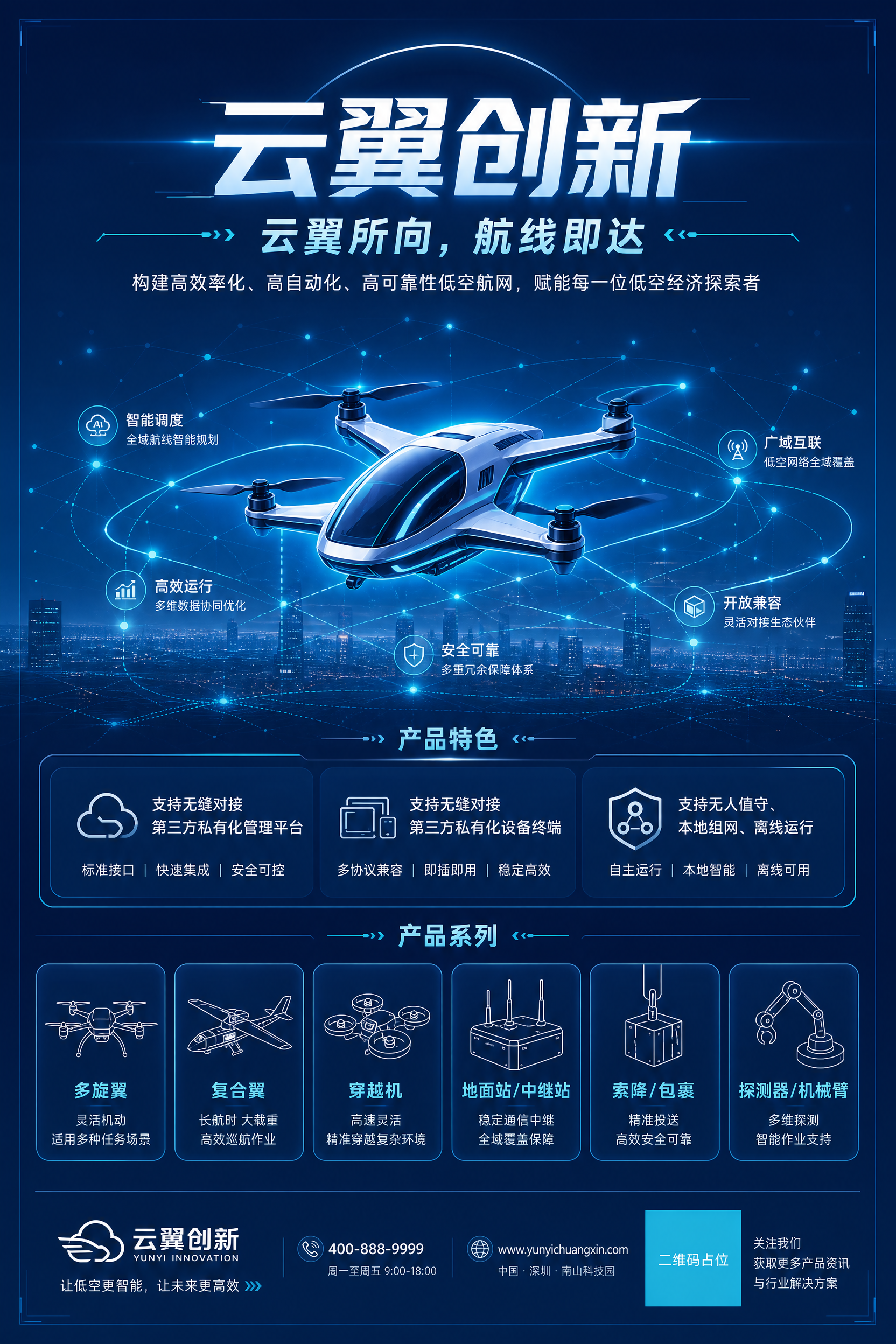 A4竖版品牌主视觉宣传单页，科技感未来风格，深蓝到青蓝渐变背景… - 图片创意预览