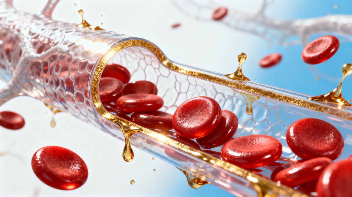清新干净的白蓝渐变背景，类似血管结构的透明管状通道，内壁布满细腻纹理，通道内流动着饱满的、富有光泽的红色养分颗粒，如同红细胞般圆润光滑，通道边缘有金色的光辉勾勒，伴有金色的液体飞溅效果，养分颗粒在通道预览效果