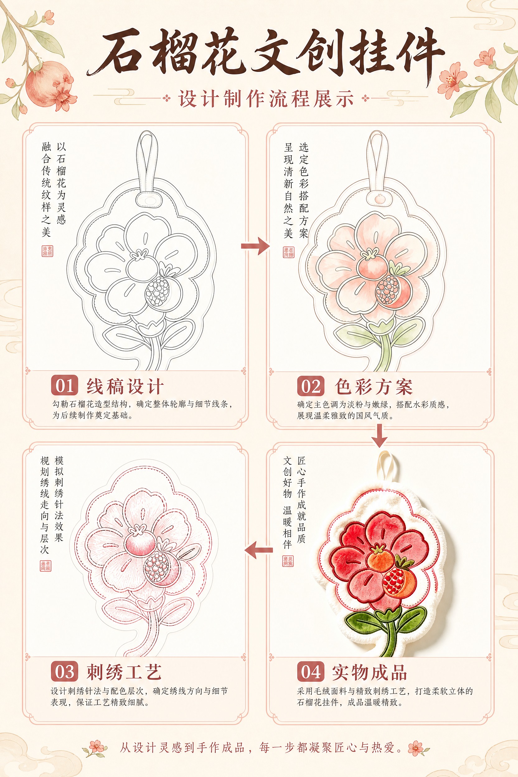 一张A4竖版（2:3比例）的文创设计流程展示海报，主题为石榴花… - 图片创意预览