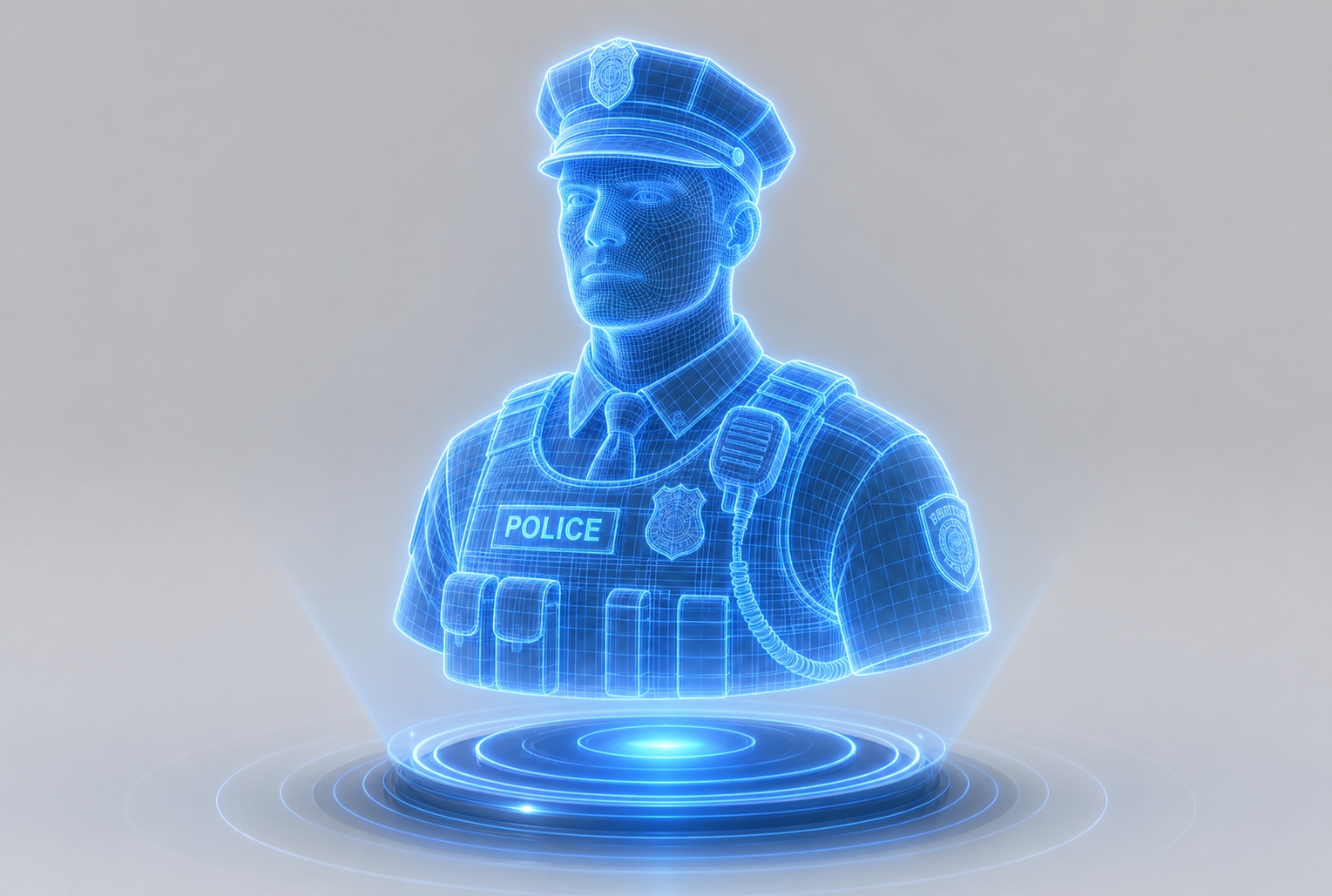 参考图片的蓝色全息线框科技风格，生成3D警察半身人像，采用蓝色… - 图片创意预览