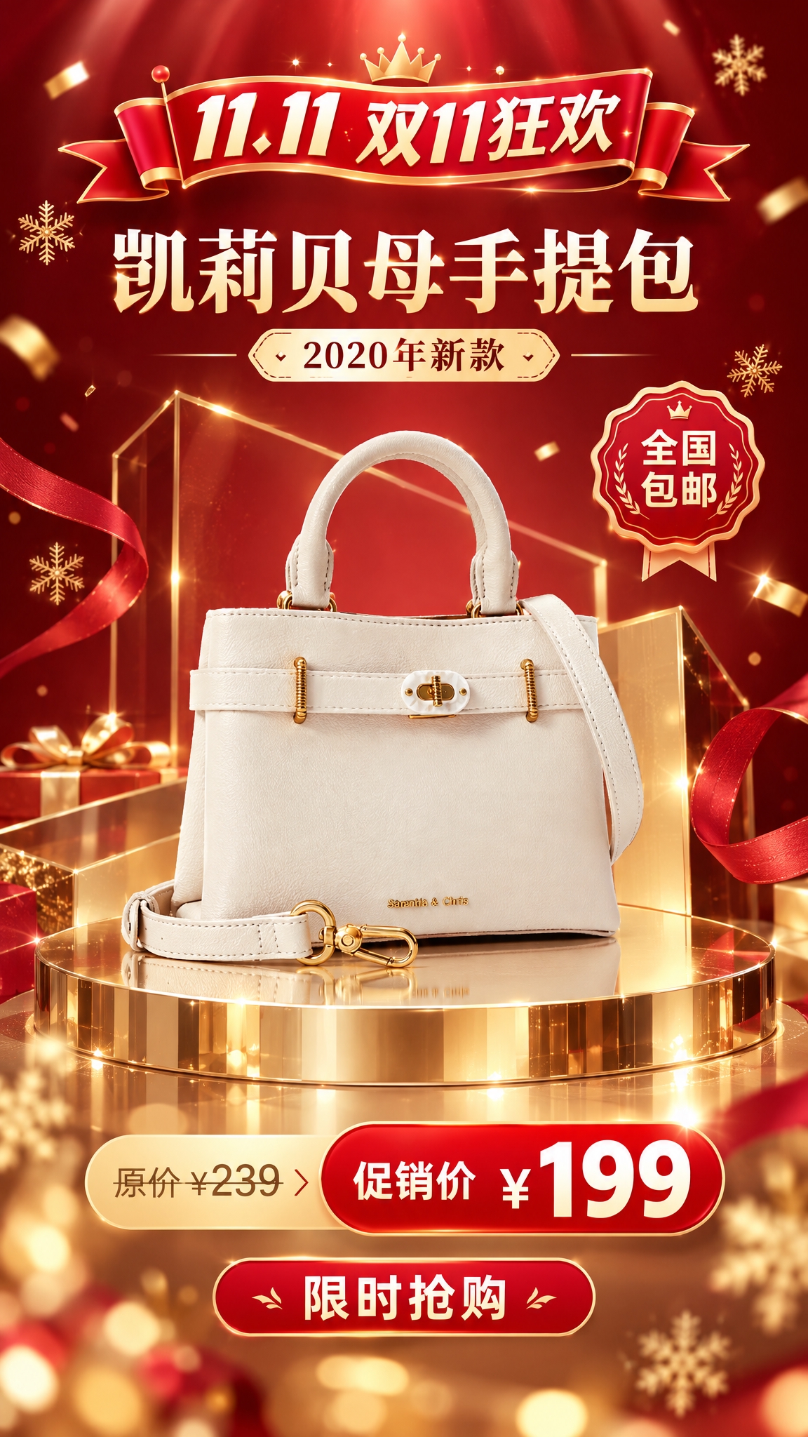 基于上传的商品图，生成一张双 11 大促风格的轻奢手提包推广视… - 图片创意预览