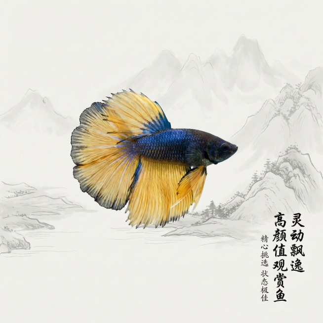 [主图 3] 泰国芥子半月斗鱼整体颜值展示主图
[氛围风格] 国潮山水意境，雅致空灵，东方美学氛围。
[画面元素] 商业摄影质感、光线柔和通透、产品清晰真实、画面干净高级。完整泰国芥子半月斗鱼居中展示预览效果