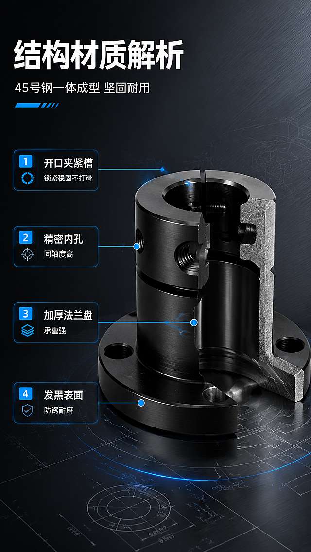 [商品] 使用【图1】GBJ01圆法兰款开口型法兰座导向轴支座，保留黑色金属材质、开口夹紧结构、法兰盘、安装孔、内孔；做半剖面视角展示内部结构，不改变产品外形和材质颜色。
[画面] 目标为结构材质解析页，产品放大占画面55%，居中偏右，做1/4剖切效果展示内部孔壁和开口夹紧结构；左侧为文字信息区，用引线标注关键结构部位；背景为深灰渐变+科技感线条，营造精密工程图纸氛围。
[视觉] 套系策略：风格=工业科技精密商业摄影；标题字=粗黑无衬线工业字体；正文字=简洁无衬线体；主色=炭黑深灰；背景延展=基于炭黑做深浅渐变、金属拉丝纹理、冷调工业环境；强调色=科技蓝，仅用于小面积图标、引线、高亮标签和局部光效；标题色=纯白；正文色=浅银灰；组件=深色半透明信息卡、细银线引线、科技蓝图标；光影=左前侧冷硬光+右侧轮廓光，突出金属棱角与发黑质感。
[文字] 左上主标题「结构材质解析」，副标题「45号钢一体成型 坚固耐用」；用科技蓝引线标注4处结构：①开口夹紧槽（锁紧稳固不打滑）②精密内孔（同轴度高）③加厚法兰盘（承重强）④发黑表面（防锈耐磨）；每条说明8字以内，文字全部横排。
[规格] 图片比例9:16竖版，4K分辨率，避免变形、错字、文字过小、暖色背景、产品颜色改变、结构失真、极限词。