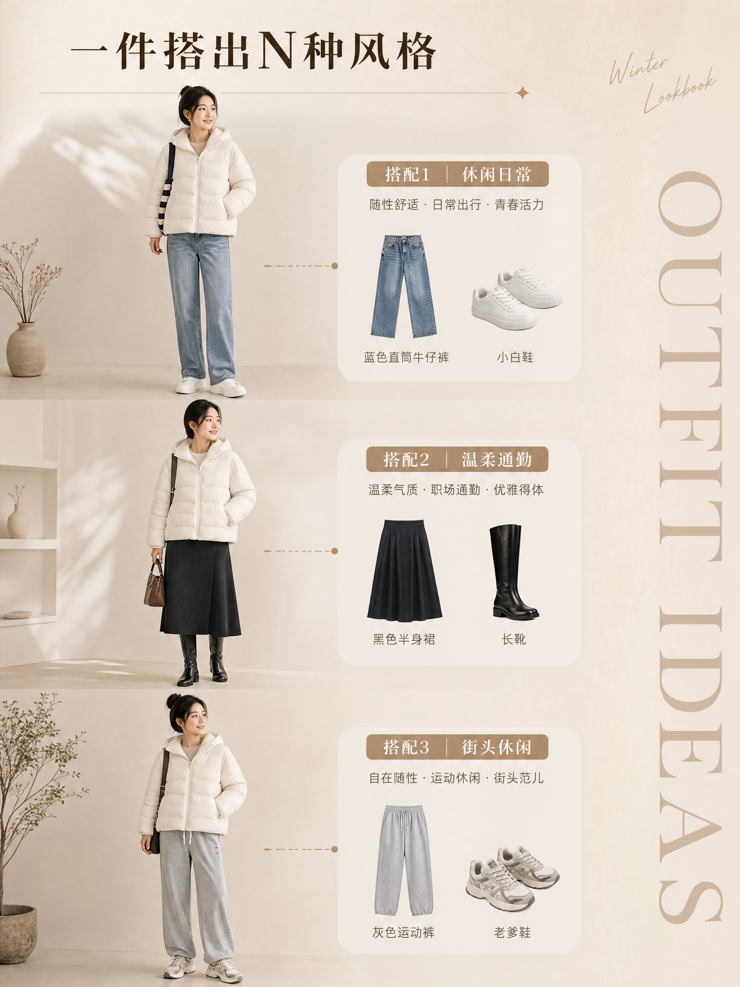 [商品] 使用【图1】奶白色连帽短款羽绒服；商品处理：保留连帽… - 图片创意预览