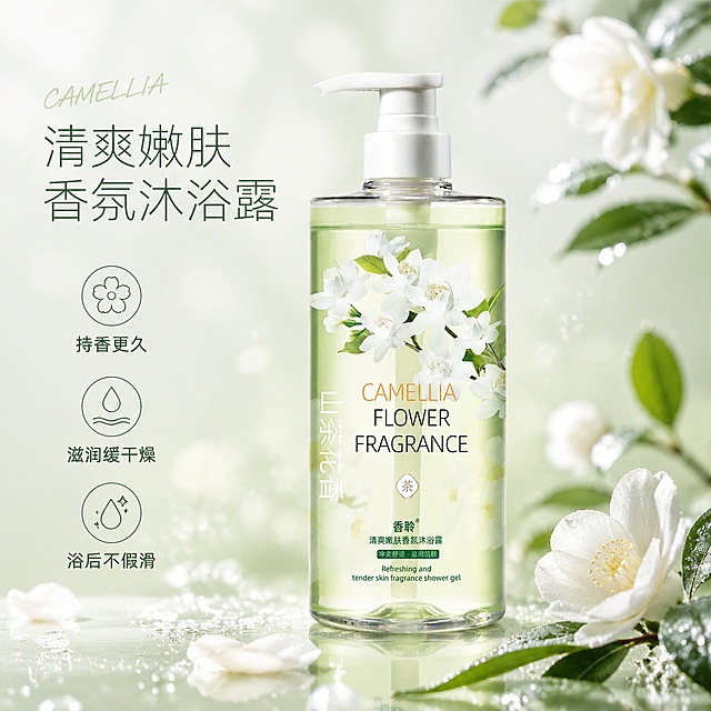 [单张主图] 清爽嫩肤香氛沐浴露，高级氛围感主图，打造天然植萃香氛沐浴露的品质调性。
[参考比对] 基于用户上传的产品图生成主图，保留产品原有设计。
[画面主体] 保持香聆山茶花清爽嫩肤香氛沐浴露产品外观（瓶身形状、泵头设计、液体颜色、包装印花、文字内容）与输入产品图绝对一致，杜绝任何变形和色差，精细化处理。产品瓶身居中竖直放置，占画面约50%，瓶身标签和品牌Logo清晰完整。
[构图版式] 原生成分型版式，产品融入核心成分山茶花的自然场景，产品仍为视觉主体，成分元素不遮挡瓶身标签。
[场景元素] 背景为浅淡清新的自然水雾场景，点缀新鲜山茶花花瓣与绿叶，飘散晶莹水珠，营造水润天然的氛围感。左上自然留白放置品牌名，下方排列三个轻线稿图标卖点，每个图标搭配一句短文案。背景整体浅绿白色调渐变，干净通透留白合理。
[文案版式] 左上留白区放"清爽嫩肤香氛沐浴露"，大号细无衬线字体，浅绿配色；下方三个图标卖点依次排列：第一个图标搭配文字"持香更久"，第二个图标搭配文字"滋润缓干燥"，第三个图标搭配文字"浴后不假滑"，小号字体，深绿配色，字色与背景对比清晰。主标题旁叠加英文手写体装饰词"CAMELLIA"。
[光影质感] 自然柔光窗光，主光从左侧斜射，勾勒瓶身通透轮廓，液体透光感强，辅光为环境漫反射，暗部有层次，整体明亮通透，不暗沉。产品瓶身高光清晰，背景浅景深虚化，突出主体。
[配色字体] 主色调浅绿米白，辅助色白色和深绿，强调色为山茶花白色，字体采用细无衬线，字重克制，靠留白和对齐分层，清新高级。
[比例分辨率] 1:1比例，2K分辨率，文字清晰可辨，超高清商业摄影质感。
[负向提示词] 变形，文字错乱，产品图模糊，背景杂乱，水印，电商平台Logo，错字，主体遮挡，伪Logo，低清晰度，错误结构