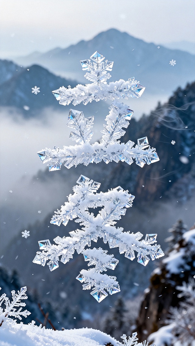 雪花组成了 ”立冬“；背景是群山峻岭，雾气蒙蒙，微风飘飘，中镜头，高质量图片。