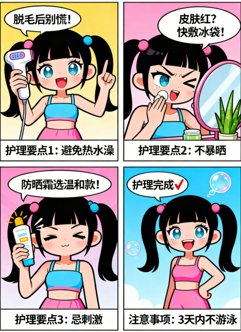 医疗美容脱毛术后护理知识科普四格漫画，卡通搞笑风格，潮流趣味设计，讲解护理要点和注意事项，人物形象活泼可爱预览效果