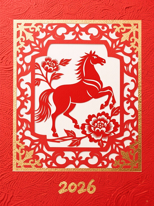 主体是红色回首奔马（搭配牡丹花纹，姿态灵动，蹄边花瓣飞舞），红色，位于传统宝相花边框（复杂，
长方形，结合卷草纹）中央，融入烫金质感细节。背景为有粗纹理的正红色，下方点缀金色 “2026” 字样