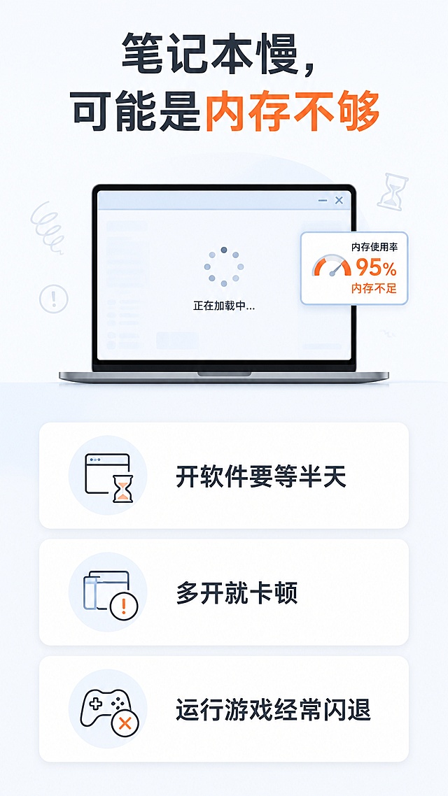 [第2屏] 痛点页-笔记本老旧内存不足问题。[氛围/风格] 简约浅色风格，干净清爽，专业理性。[元素布局] 页面分上下结构，上方用简洁插画展示打开的卡顿笔记本，下方排列三个问题点，每个点配圆角浅白卡片。整体留白充足，不拥挤。[光影质感] 均匀柔光，文字清晰，卡片层次分明。[配色色系] 全局底色 #F8FBFF，主色浅灰蓝色调，文字深灰，用浅橙色标注重点。[视角构图] 从上到下阅读动线，分块排版，信息层级清晰。[文字版式] 顶部大标题 "笔记本慢，可能是内存不够"，三个问题分别为 "开软件要等半天" "多开就卡顿" "运行游戏经常闪退"，每个问题一行文字，配简约线条小图标，文字清晰不拥挤。[比例分辨率] 9:16 竖版比例，4K分辨率，文字清晰可辨，高清画质。[负向提示词] 深色调背景，文字错乱，文字过小，背景杂乱，夸张失真。