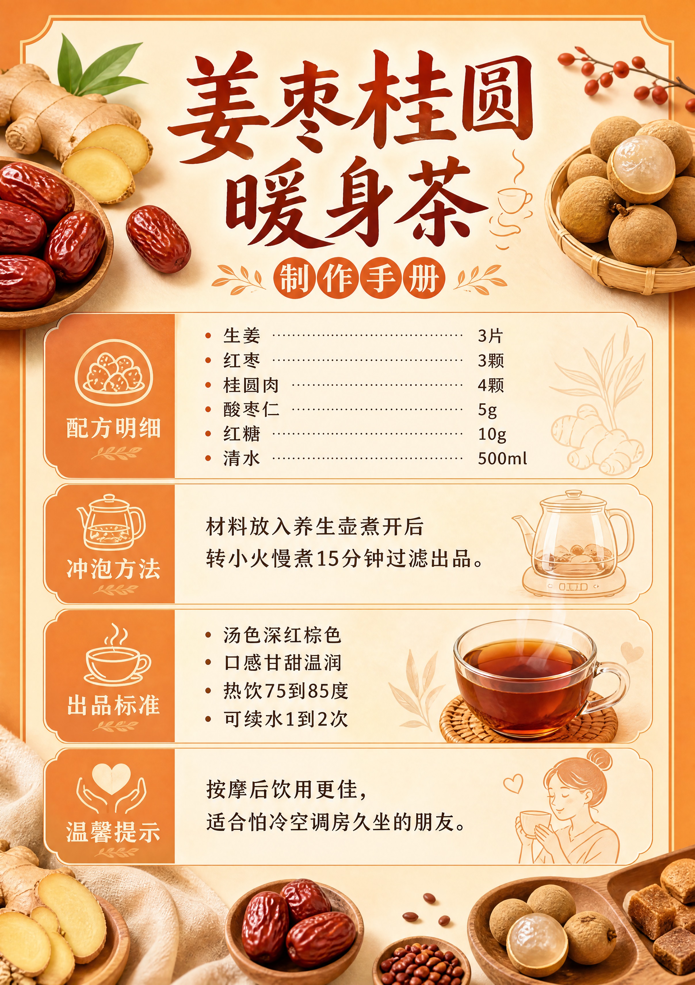设计一张A5竖版茶品介绍立牌反面，姜枣桂圆暖身茶，暖橙色调温馨… - 图片创意预览