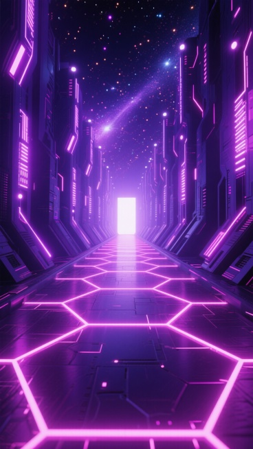一张具有赛博朋克风格的3D渲染科技背景图，整体呈现深邃的紫色调，以暗紫色为基底，搭配亮紫色和粉色的霓虹光效。画面中央是一条向远方延伸的未来感通道，地面由发光的六边形网格和交错的能量线条构成，网格边缘散发着柔和的粉色光芒。两侧是高耸的抽象科技结构，布满垂直排列的发光节点和流动的数据光带，节点呈现出从紫色到粉色的渐变效果。顶部有无数细小的光点如同星尘般散落，营造出神秘而绚丽的宇宙科技氛围。整个画面……预览效果