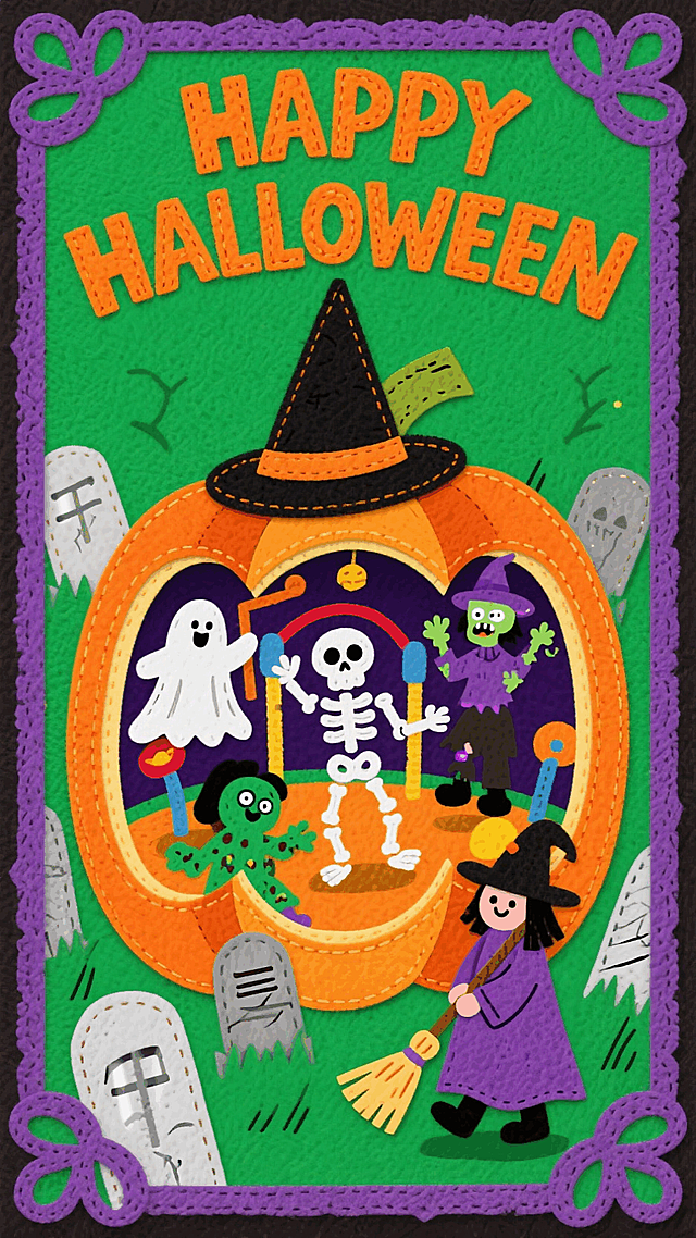 以巨大南瓜（戴着一个戴着黑色尖顶帽）为核心容器（内部有游乐场，幽灵、女巫、骷髅、僵尸等鬼怪在快乐地玩耍（没有人类），周围都是墓碑），顶部巨大的艺术字设计“HAPPY HALLOWEEN”，绿色背景，紫色哥特雕花边框