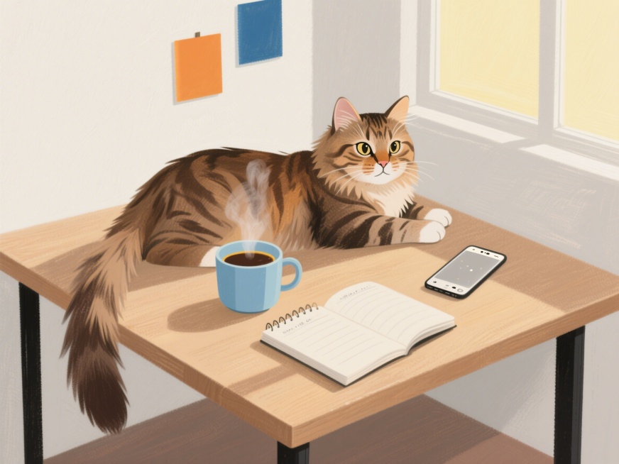 小红书风格横版插画，油画棒手绘质感，粗糙画纸纹理，手工感强。低饱和度柔和配色，大块平涂，暖色调为主（米白、浅灰、橙黄、天蓝、棕褐）。俯拍视角，木质办公桌桌面（大块浅棕色平涂，有粗糙木质纹理感），桌上放预览效果