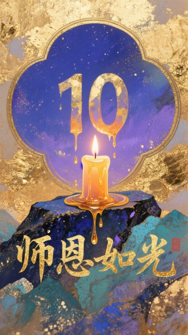 融化的蜡烛的烛油，慢慢汇聚成数字 “10”，背景是深邃而温柔的蓝紫色夜空，蓝色与紫色相互交融，过渡自然，在蜡烛下方，展开着烫金质感的艺术字体 “师恩如光”。字体的笔画粗壮有力，预览效果