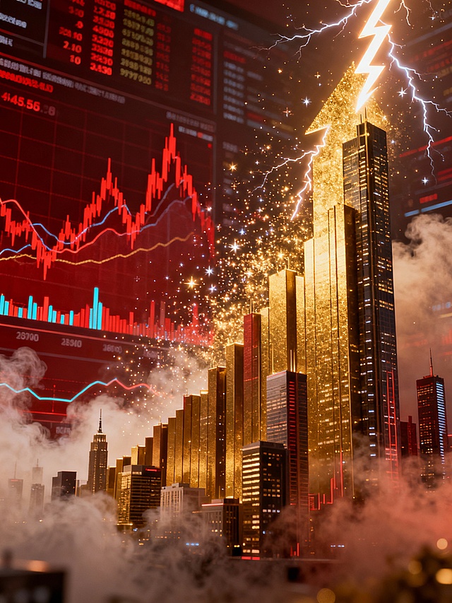 A 6:19 aspect ratio video capturing a time-lapse of a financial dashboard evolving from chaotic red downturns to a golden surge, with the lightning bolt acting as a catalyst that "resets" the market. Data particles swirl like stardust around the chart, merging historical crash patterns with futuristic AI-driven recovery algorithms. Cinematic smoke drifts across the screen as the camera pans upward, revealing a city skyline where digital skyscrapers grow in sync with the chart’s ascent