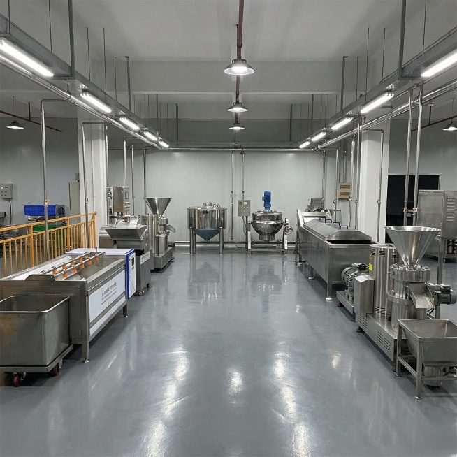 重新布局图中的食品加工不锈钢设备，使其在工厂车间内呈U型流水线排列，突出生产流程逻辑，地面为灰色环氧地坪，顶部有工业照明灯，整体呈现专业、真实的工厂实拍效果预览效果