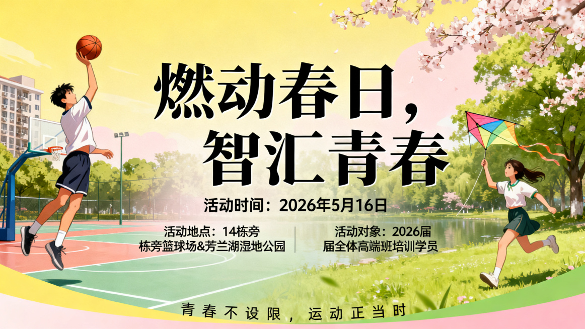 设计一张“燃动春日，智汇青春”主题活动横版海报，包含文字信息：活动时间2026年5月16日，活动地点14栋旁篮球场&芳兰湖湿地公园，活动对象2026届全体高端班培训学员，整体风格青春活力，运动春日氛围预览效果