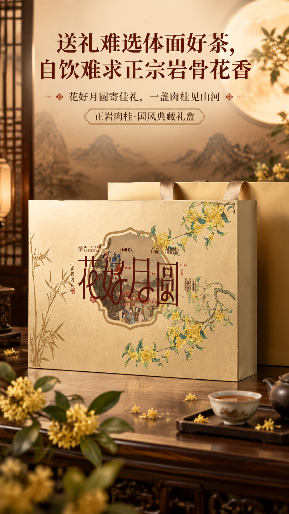 [商品] 使用【图1】花好月圆正岩肉桂茶叶礼盒；保留礼盒米金色… - 图片创意预览